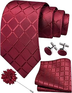 3.15"（8cm） Mens Tie and Lapel Pin Plaid Checkered Necktie Hankerchief Cufflinks Set for Men
