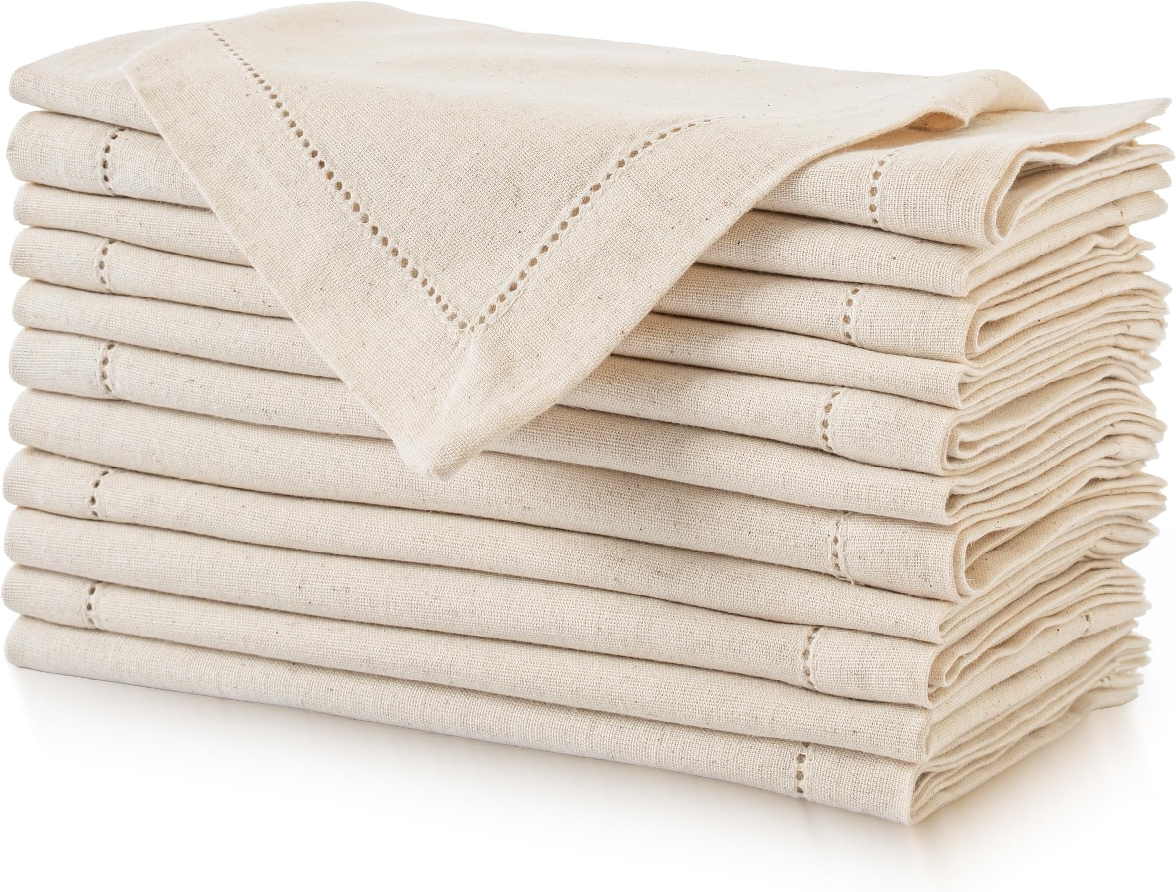 FINGERCRAFT Hemstitched Table Napkins โ Set of 12, 20x20 Inch, Cotton Linen Blend Cloth Napkins with Faggoting Stitching โ Durable & Elegant for Farmhouse Parties, Hotels, Everyday Use (Ivory Flax)