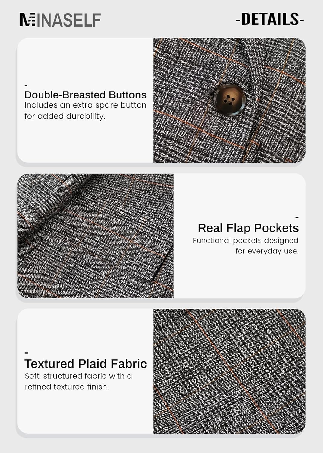 Mina Self Women's 2026 Spring Plaid Houndstooth Blazer Jacket - Fully Lined Button Lapel Casual Work Office Suit with Pockets - Image 6