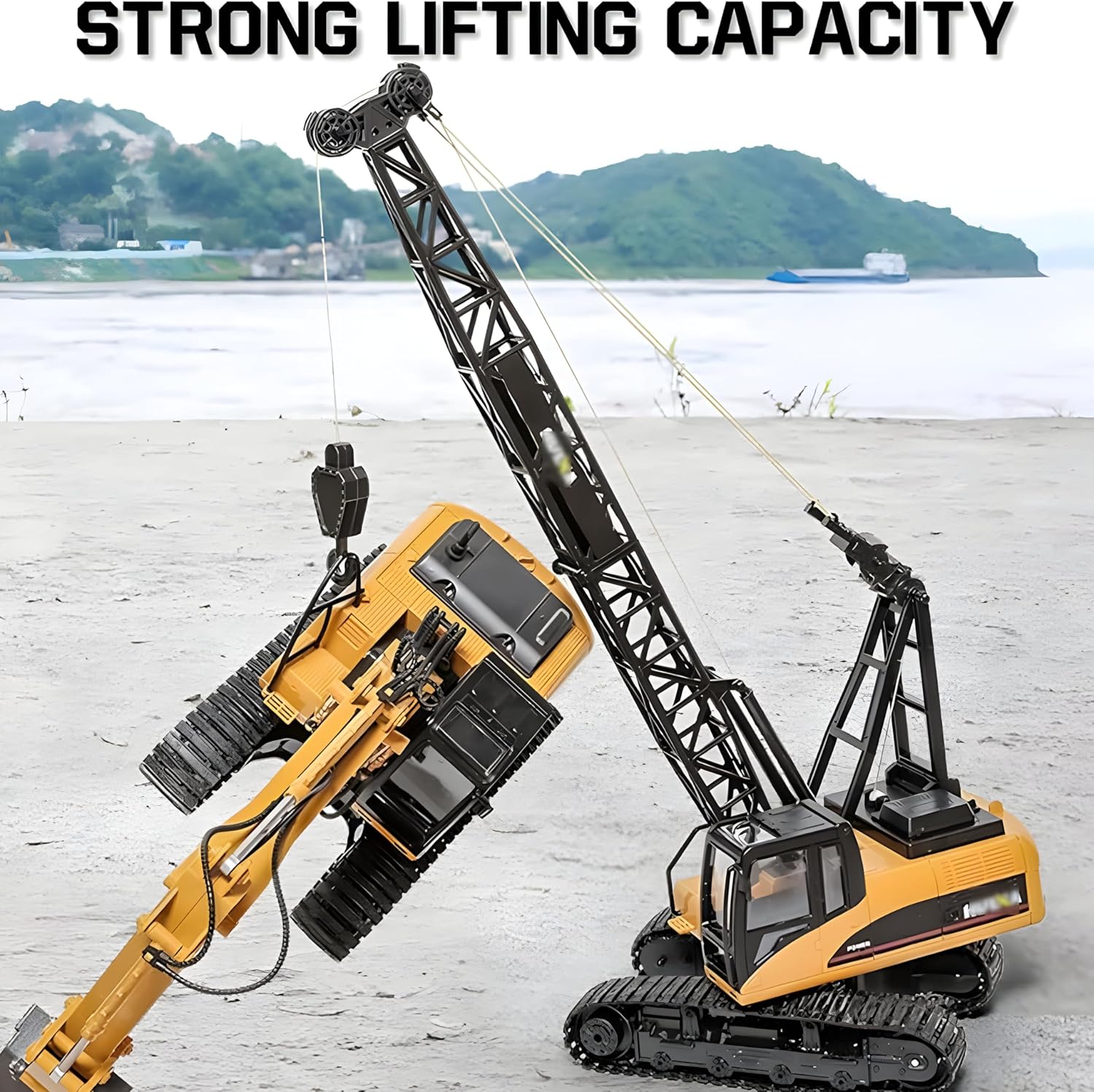 RC Crawler Crane demonstrating strong lifting capacity by lifting another RC vehicle