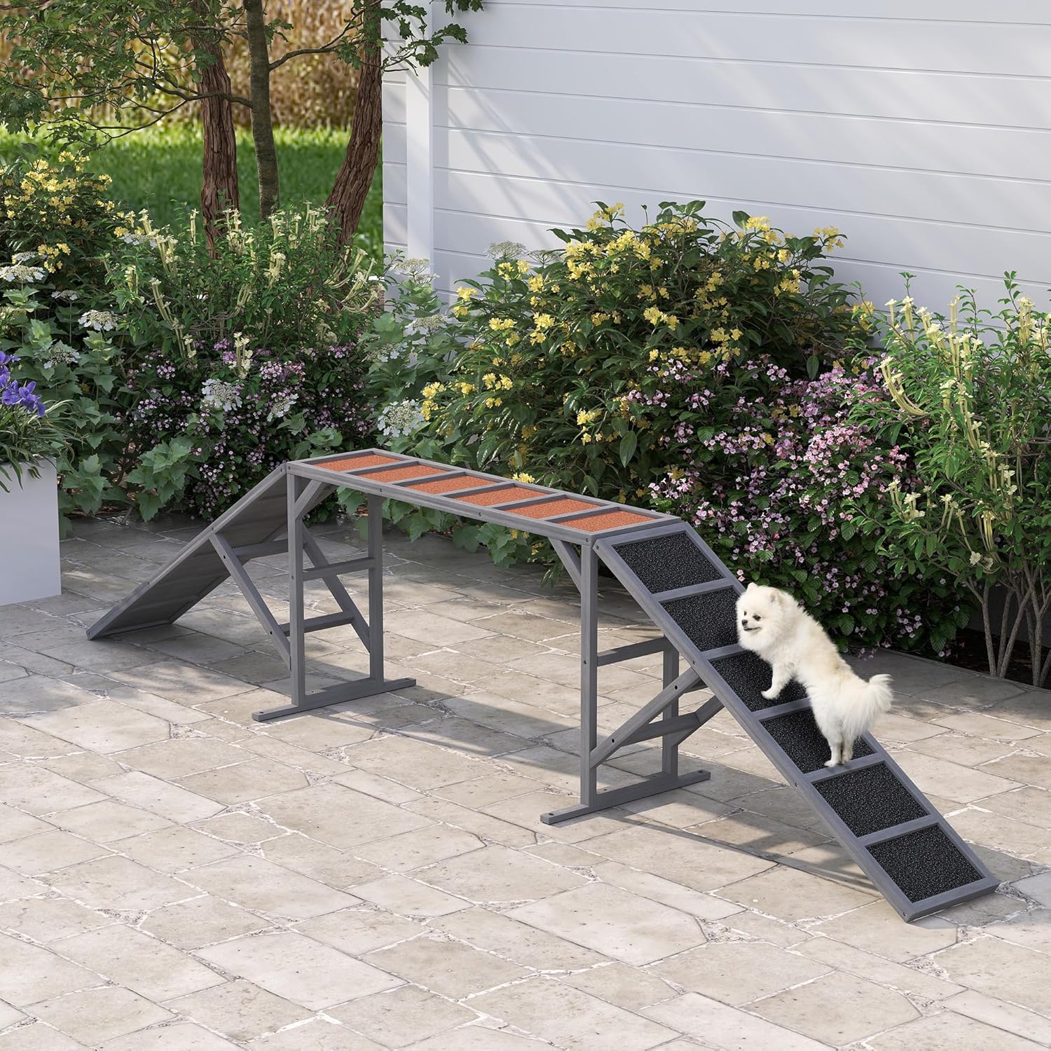 PawHut Wooden Dog Agility Equipment with Safety Bar, Non-Slip Surface, Dog Playground Ramp, Pet Obstacle Course for Backyard, Park, Walk and Pause Training, Gray