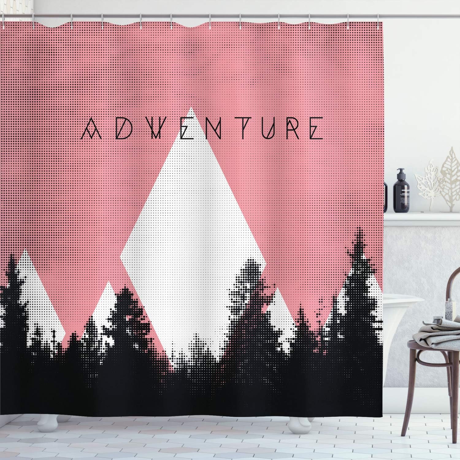 Ambesonne Adventure Shower Curtain, Forest Halftone Effect Hipster Typography Camping in Mountains, Cloth Fabric Bathroom Decor Set with Hooks, 70" Long, Dried Rose