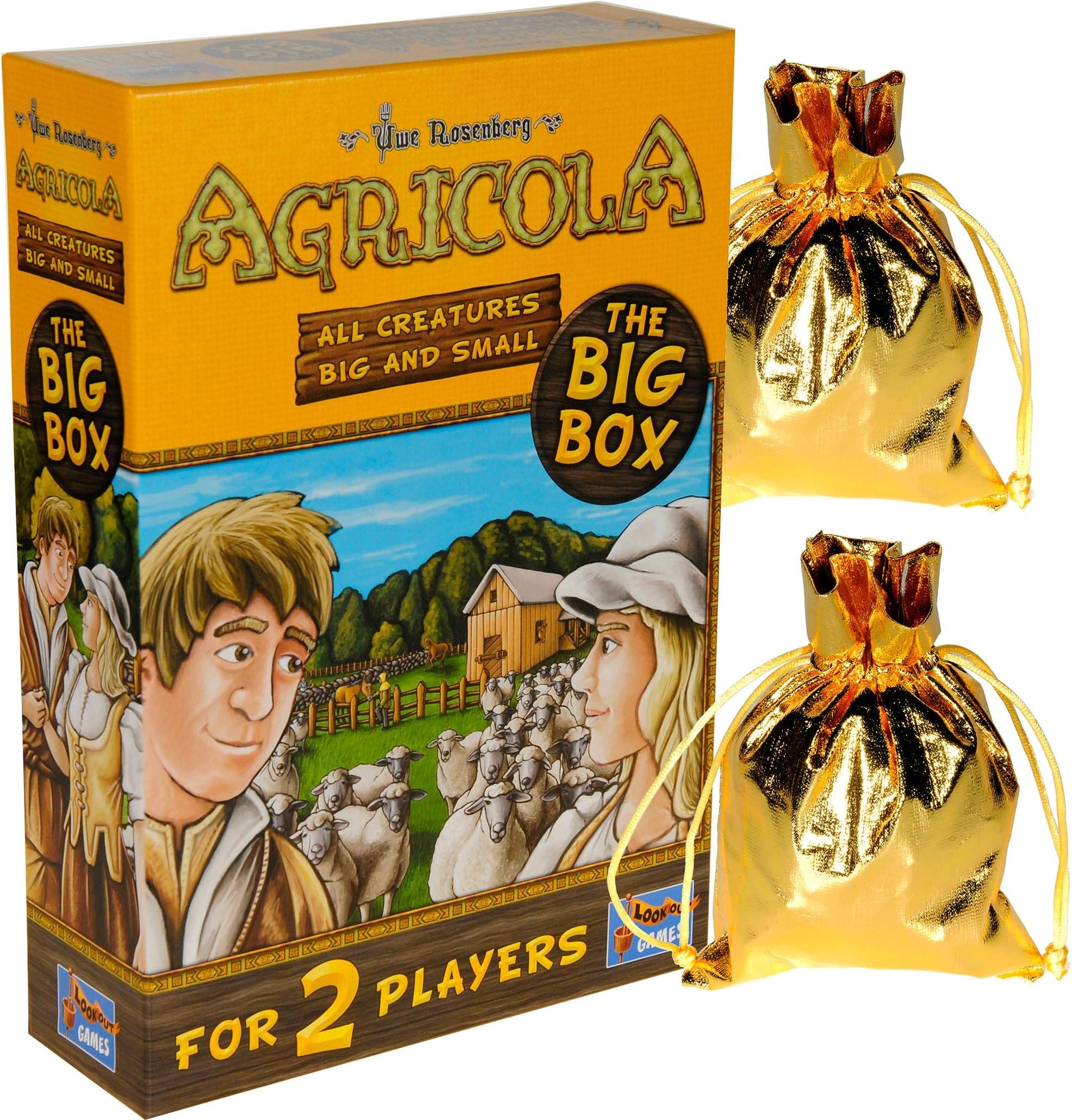 Agricola Game All Creatures Big & Small (Big Box) 2 Player Stand Alone, with 2 Metallic Cloth Drawstring Storage Pouches, Bundled Items