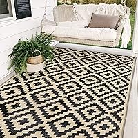 SAND MINE 5x8 ft Waterproof Reversible Outdoor Rug - Black & Beige Plastic Patio Mat for RV, Deck, Beach, Camping