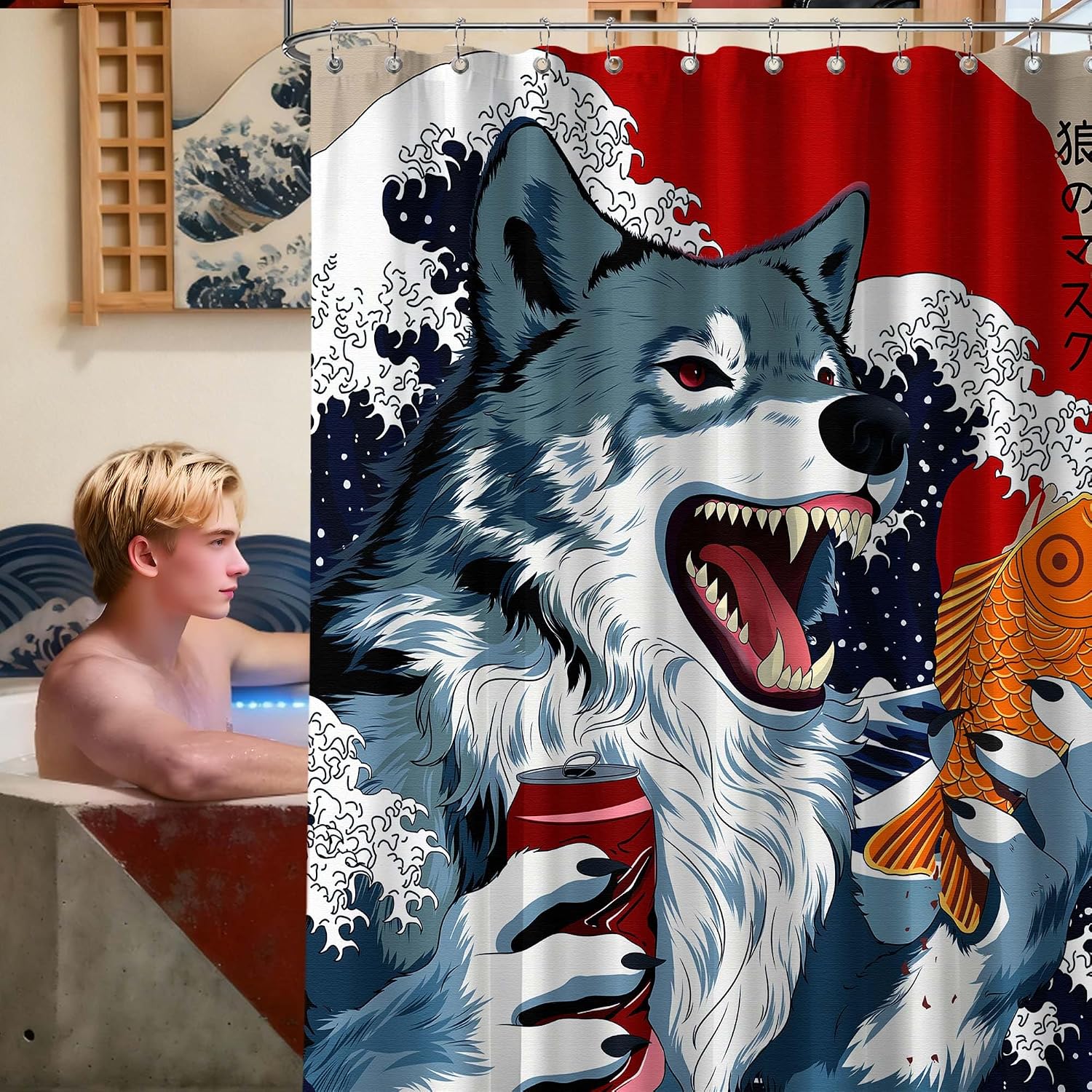 Funny Wolf Shower Curtain Japanese Anime, 60x72 Inchs image 2