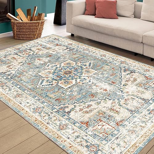 Corismatte - Alfombras lavables vintage, alfombra persa antideslizante, alfombra grande para sala de estar o dormitorio, multicolor  verde, 8 x 10