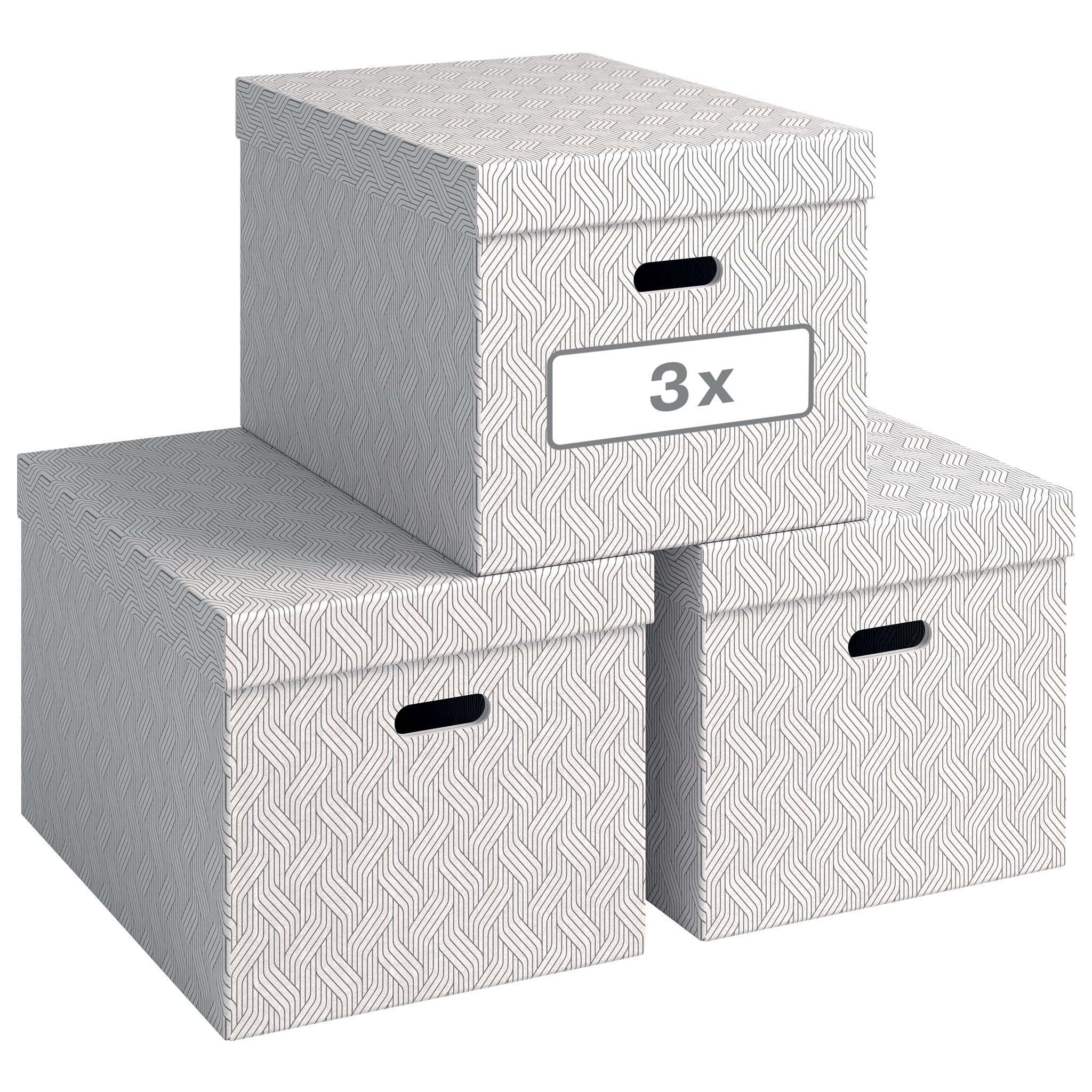 Leitz VON Set of 3 Storage Boxes with Lid, 46 L, Extra Large, 100% Recycled Cardboard, von, Geometric Design, for School, Study and Household, White, 61420001