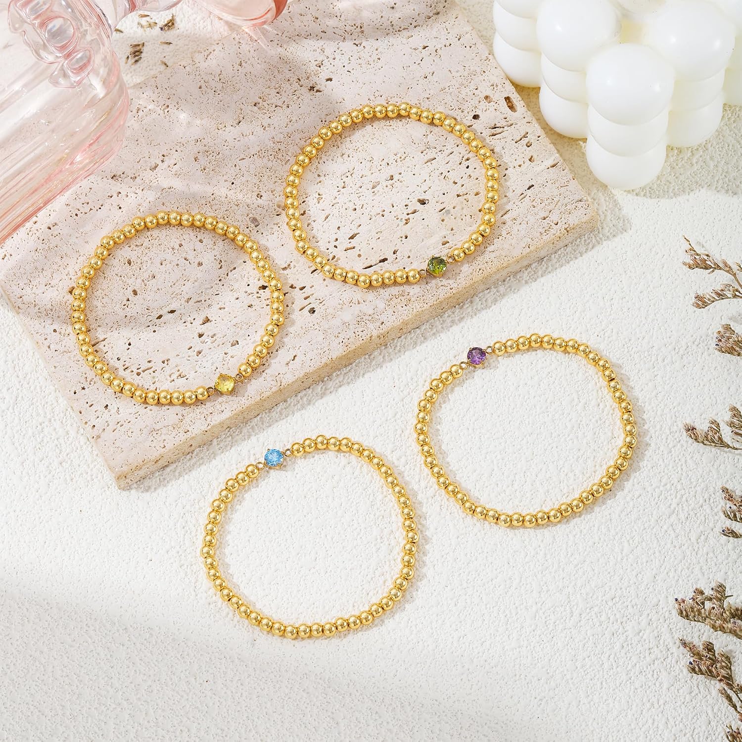 Gold Bracelets for Women - 14K Gold Plated Dainty Elastic Birthstone Bracelets for Women Gold Jewelry Bead Bracelet Gifts Christmas Stuff for Teen Women Friendship Bracelet - Image 9