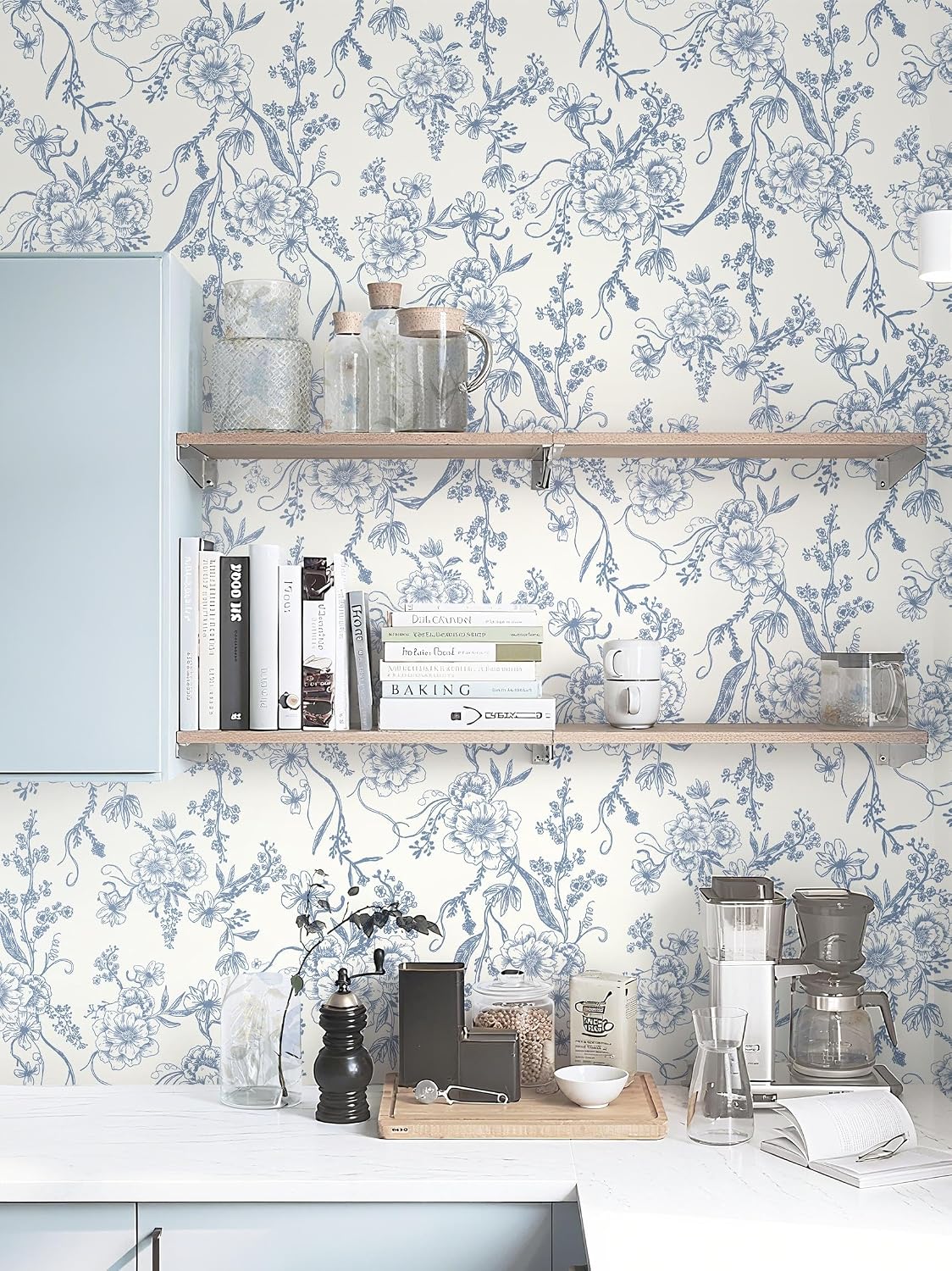 Toduso Peel and Stick Wallpaper Periwinkle Blue Wall Paper Floral Contact Paper Removable Self Adhesive Leaf Boho Waterproof Wallpaper for Walls Vinyl Rolls 16.1"x196.8"