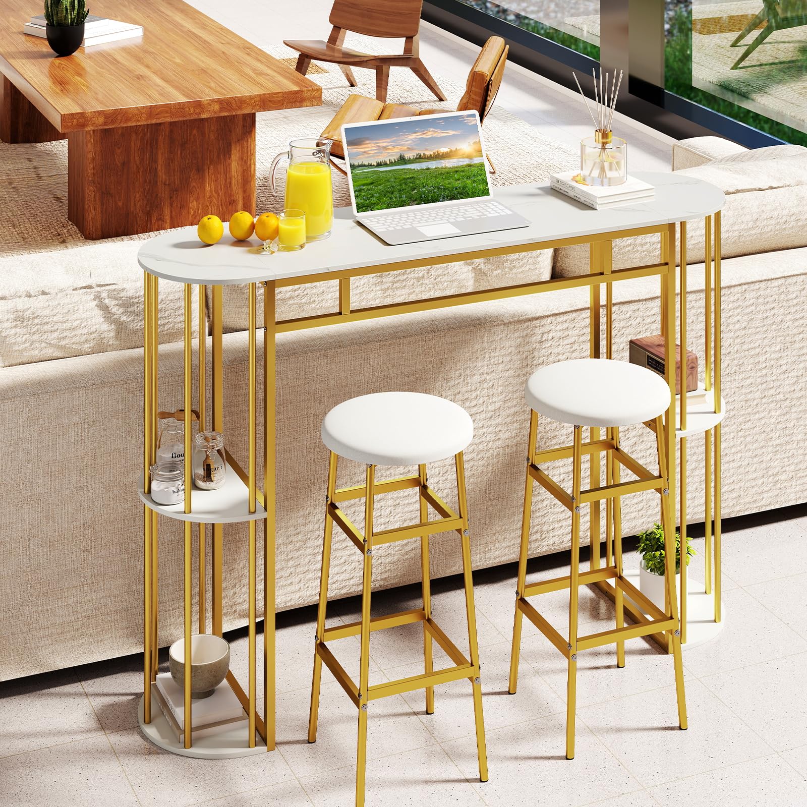 COSTWAY Mesa Alta de Cocina, Mesa Alta de Bar Rectangular con Estantes de Almacenamiento, Estructura Metálica, Encimera Efecto Mármol, Barra Estrecha para Cocina, Bar, 150x40x105 cm (Dorado y Blanco)