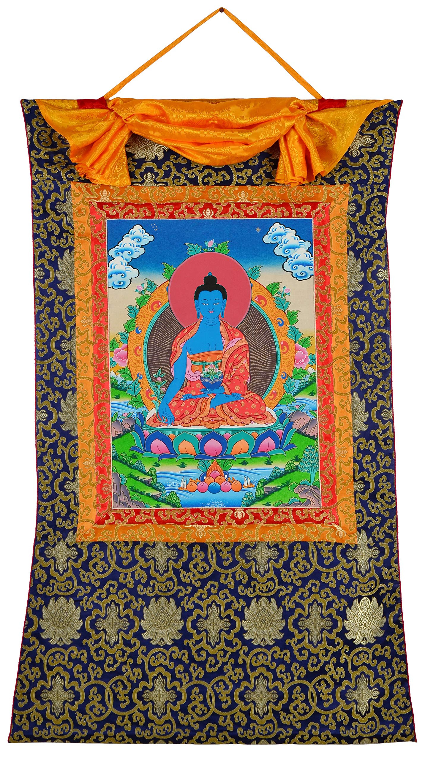 BUDDHAFIGUREN Thangka Buddha della Medicina - Bhaisajyaguru Dipinto a Mano in Alta qualità 112 cm x 72 cm