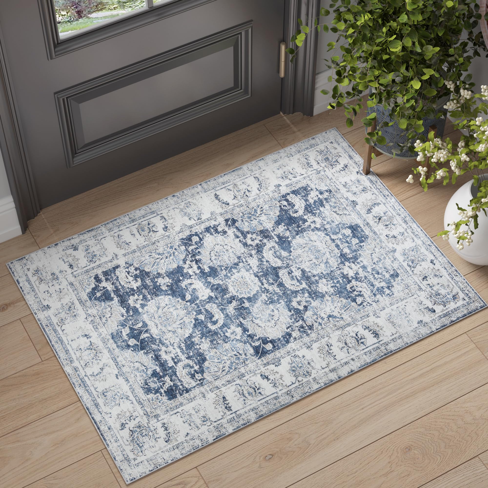 Photo 1 of jinchan 2x3 Vintage Floral Rug, Washable Entryway Rug, Blue