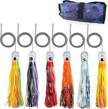 Saltwater Trolling Lures Kit, 6pcs Deep Sea Big Game Fishing Lures with Stainless Steel Wire Squid Skirt Rigged Hook for Tuna Mahi Wahoo Dolphin Shark Marlin