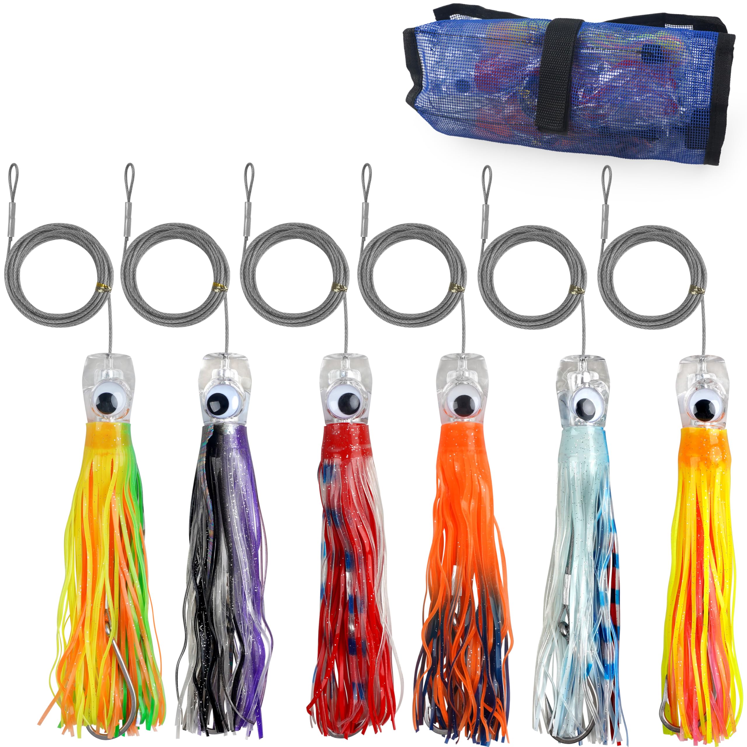 Salzwasser Schleppköder-Set, 6 Stück Tiefsee-Großwild-Angelköder mit Edelstahldraht, Tintenfischrock, Rigged Haken für Thunfisch, Mahi, Wahoo, Delfin, Hai, Marlin