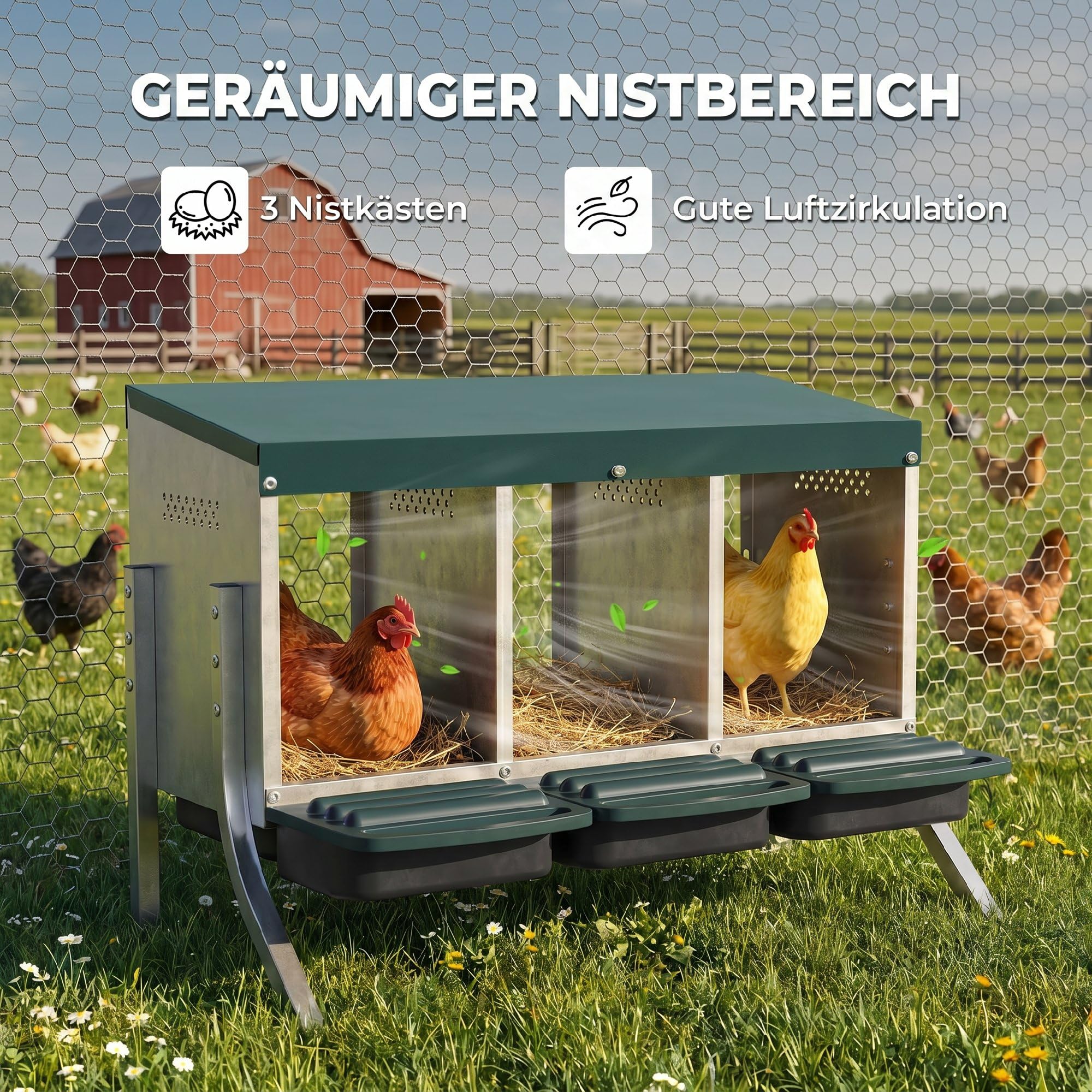 PawHut Legenest für Hühner, Abrollnest mit Belüftungslöchern, 3 Fächer, Hühnernest für 3 Hühner, Geflügelnest für Kleintierstall 84 x 55 x 61 cm, Silber