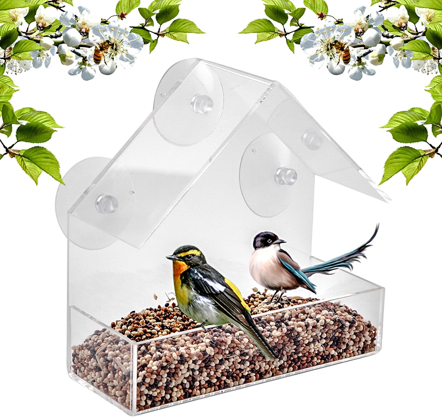 Window Bird Feeder - Built to Last A Lifetime - Decorate Your House with Beautiful Wild Birds - 100% Clear Acrylic Plastic with 3 Strong Extra Suction Cups Included -Improved Version-Great Gift Idea