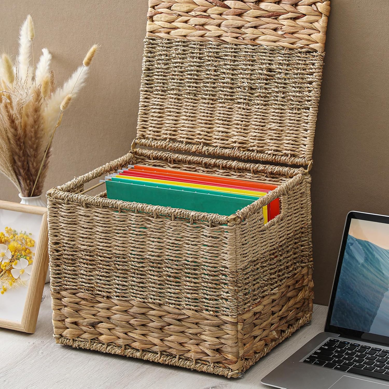 2pcs Large Decorative File Box 14 x 12 x 11 in Seagrass Hanging Organizer for Letter & Legal Size File Basket Hand Woven Filing Cabinet with Lid Collapsible Box for Home Office Decor, Water Hyacinth