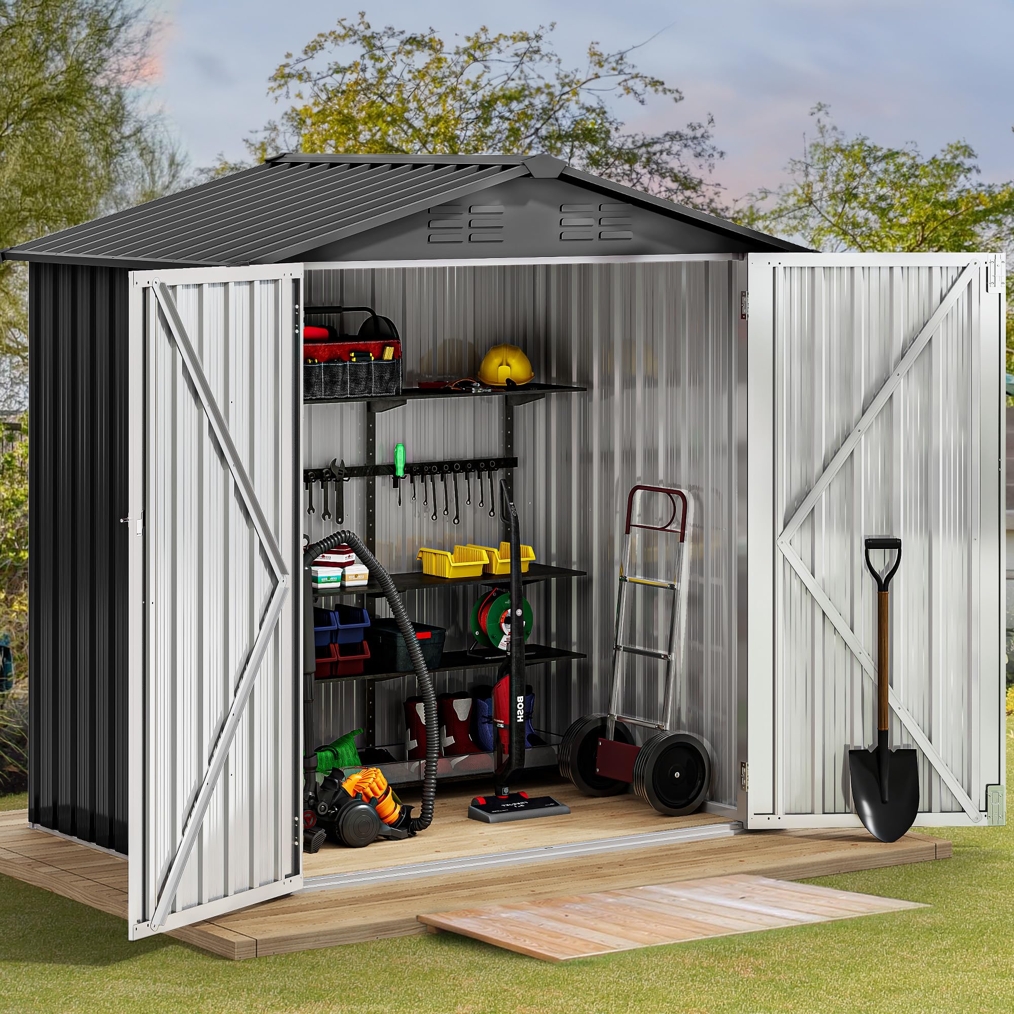 YITAHOME Gartenhaus, abschließbar, verzinktes Metall, Outdoor-Schuppen, wasserdicht, mit 4 Lüftungsschlitzen für Fahrrad, Werkzeug, Rasenmäher, Dunkelgrau, 171 x 98 x 184 cm