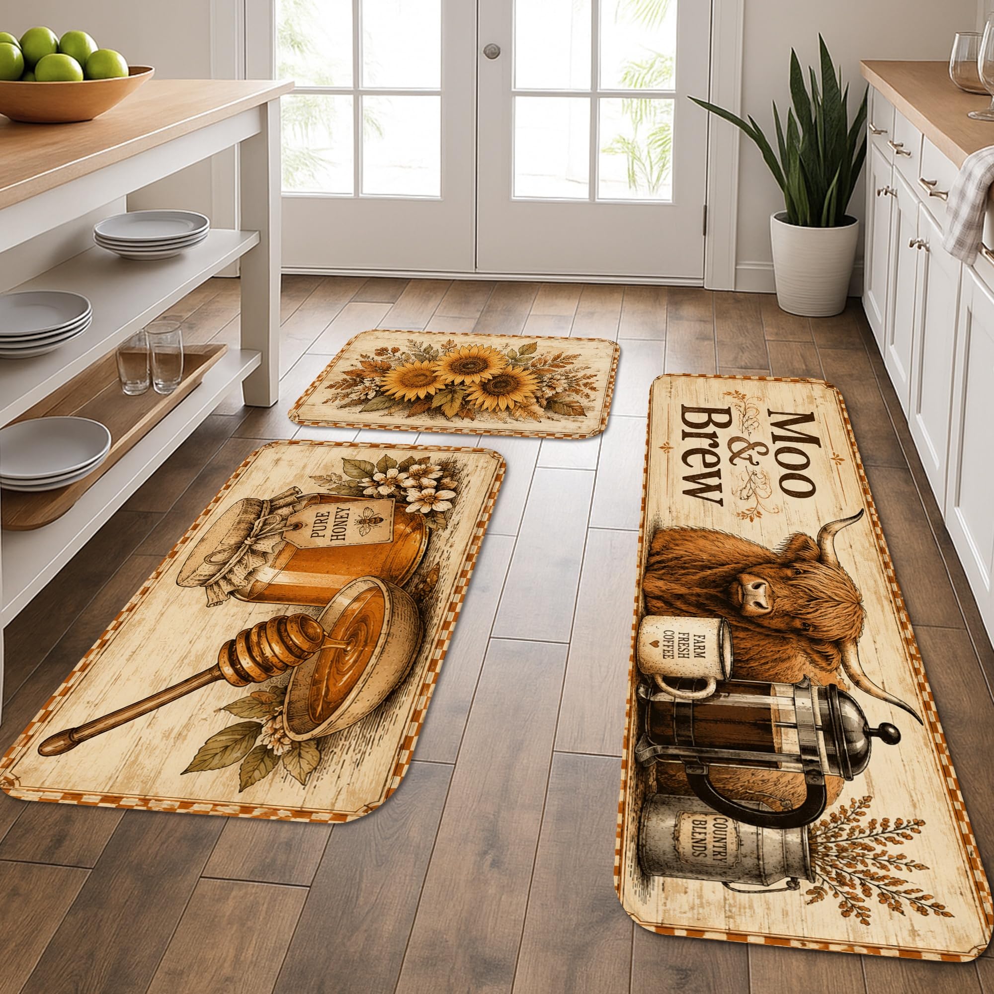 Tapis de cuisine de ferme lot de 3 tournesol rustique lavable pour sol et évier