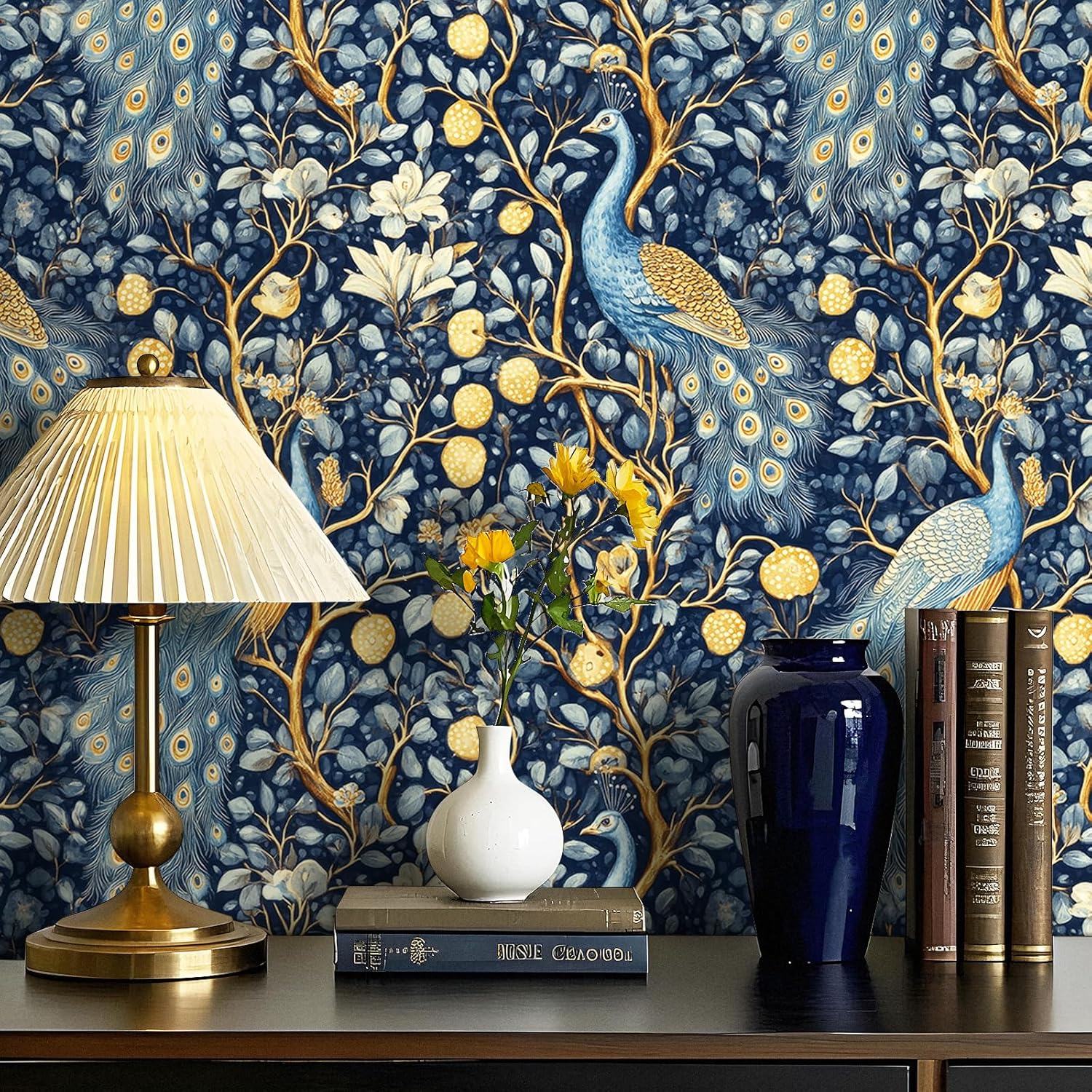 17.5"x475" Peacock Contact Paper Peel and Stick Peacock Wallpaper Blue and Gold Feather Wall Mural Sticker Watercolor Animal Plants Wall Paper for Bathroom Cabinets Drawers Self Adhesive Vinyl