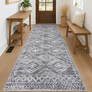 KILOCOCO Hallway Runner Rug 3'x8' Runners for Hallways Washable Runner Rug Non Slip Rubber Backed Low-Pile Runners for Bedroom Kitchen Living Room Laundry Room Boho Rugs, Grey