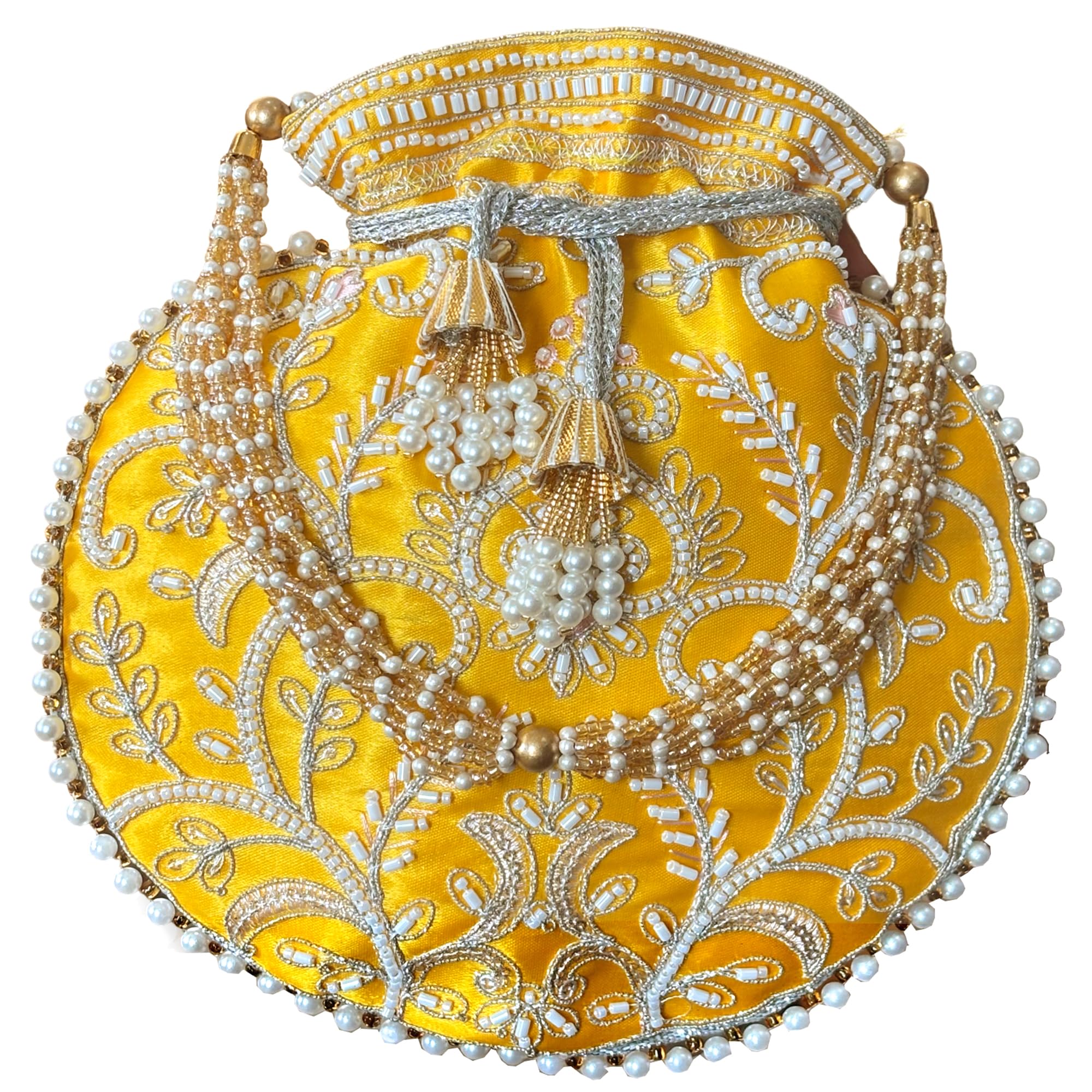 Potli Bag for Women Ethnic Gold, Pearl Handle Floral Accents, Drawstring Closure Pearls Handle Batwa Clutch Purse