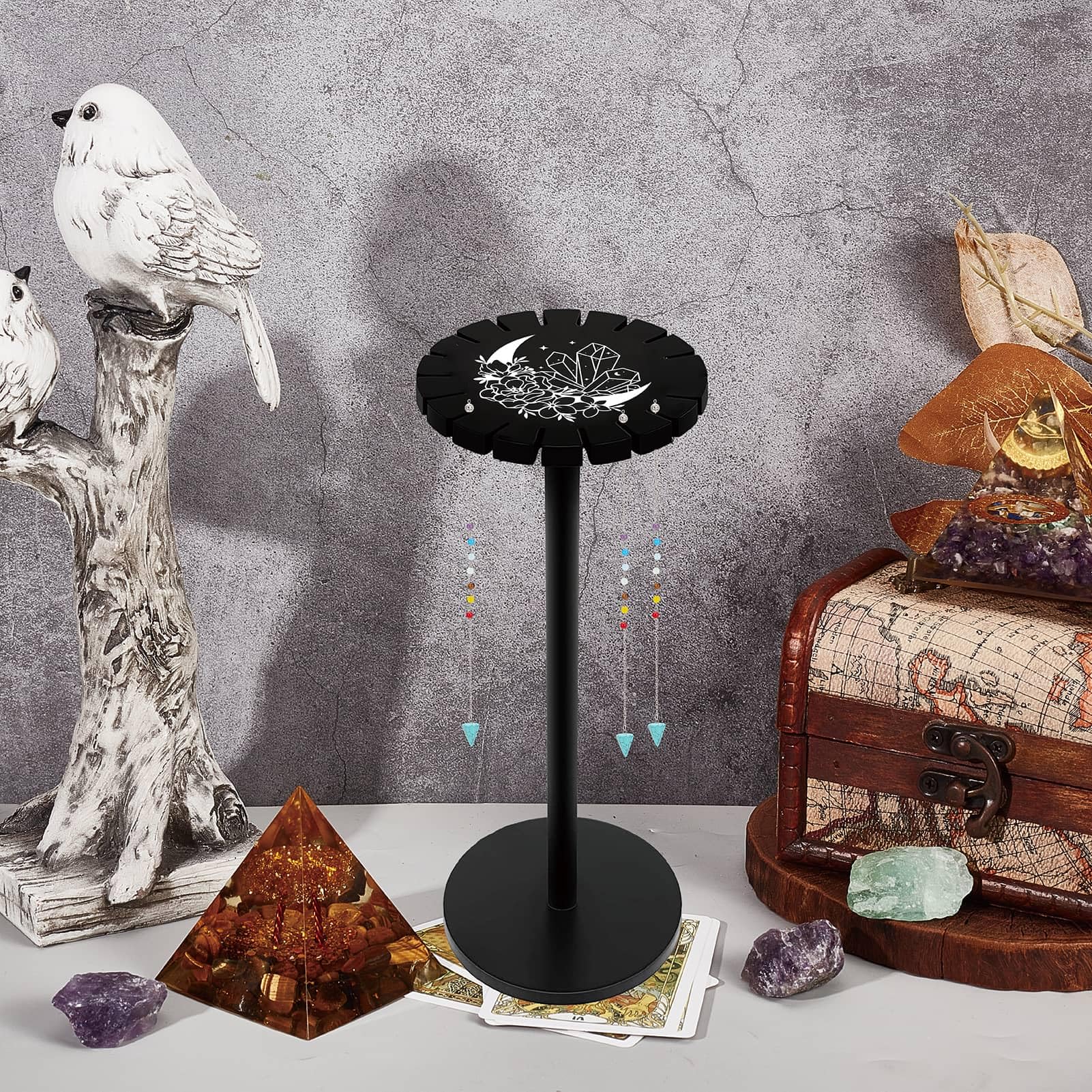 CRASPIRE Moon Pendulum Crystal Holder | Wooden Display Stand With Rose Design | For Stones, Necklaces & Essential Oils