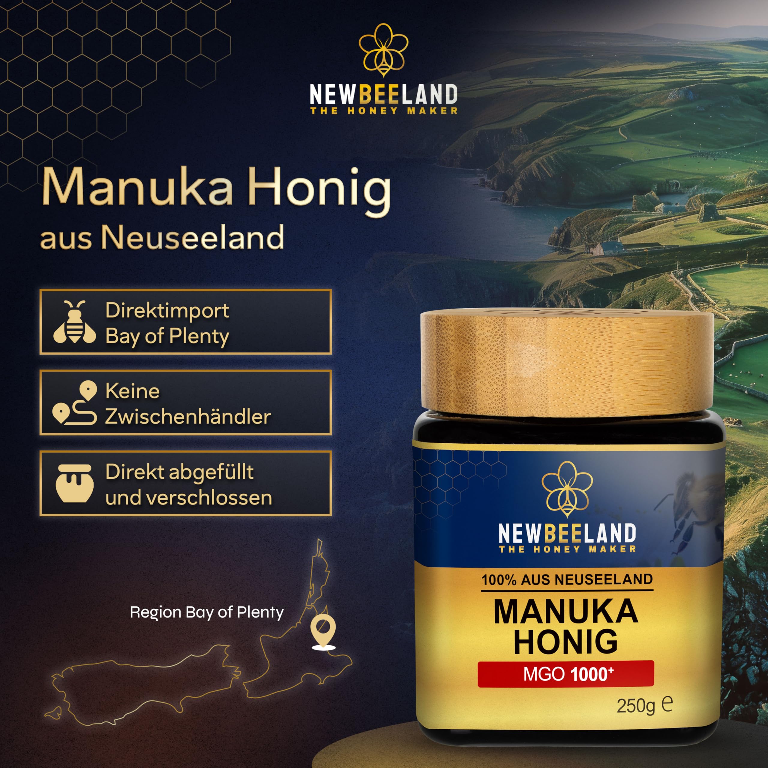 NEWBEELAND Manuka Honig MGO 1000+ Direktimport aus Neuseeland 250 Gramm | chargengeprüfter Methylglyoxal-Gehalt (MGO), Cremig-zähflüssige Textur, herber & kräftiger Geschmack, lichtgeschütztes Glas