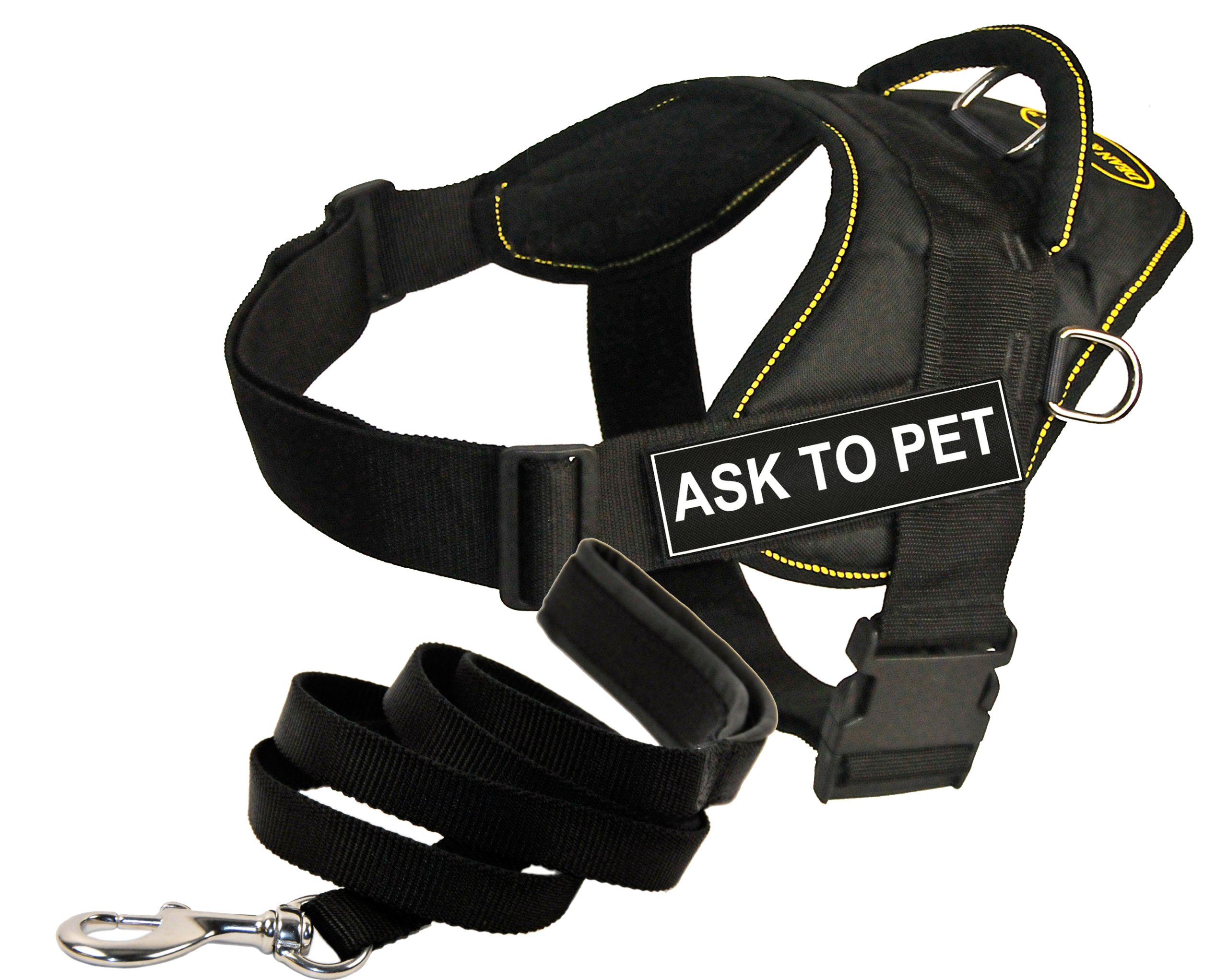 Dean and Tyler Bundle - One "DT Fun Works" Harness, Ask To Pet, Yellow Trim, XL (34" - 47") + One "Padded Puppy" Leash, 6 FT Stainless Snap - Black