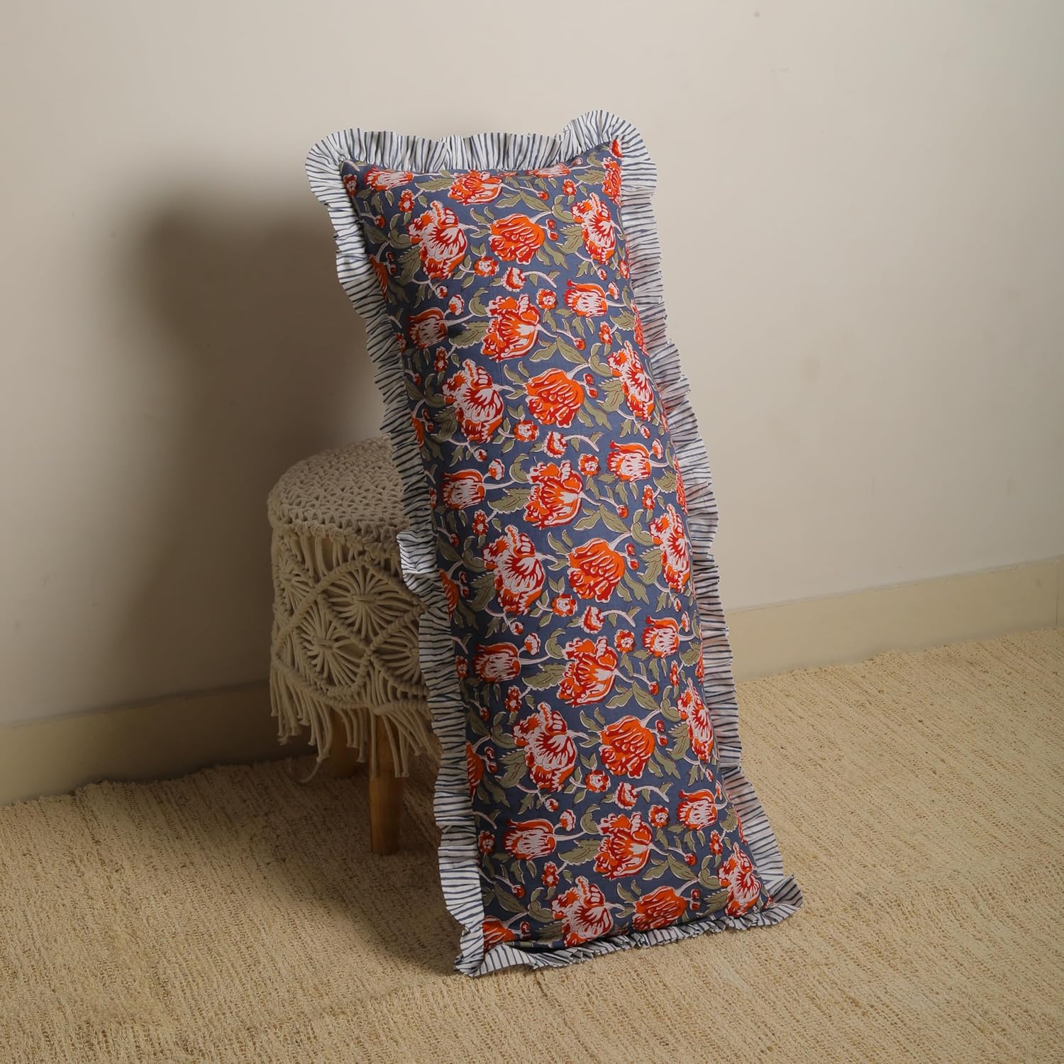 Trade Star Soft Cotton Pillowcase Bedding PiIlow Shams Handmade Reversible Ruffles Hand Block Print Boho Floral Pillow Covers Premium Decorative Cushion Cover for Home Decor (Pattern-5, 14"X36")