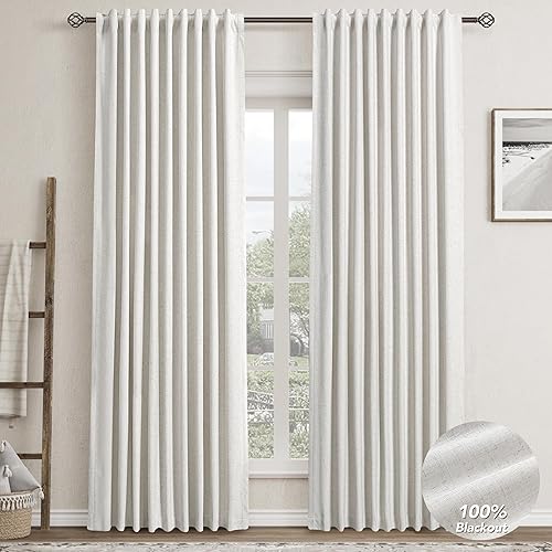 Natural Linen 100% Blackout Curtains for Bedroom 84 Inch Length 2 Panels Set Back Tab Cream Neutral Farmhouse Living Room Darkening Curtain Track