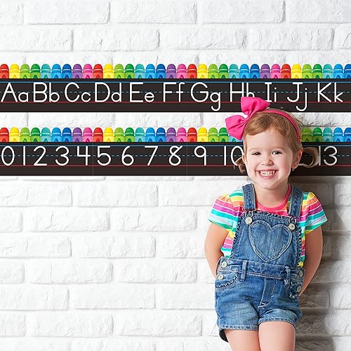 Miniatura 6 de Juego de tablones de anuncios del alfabeto, 15 piezas de decoración de pared ABC troqueladas con crayón con 26 letras mayúsculas e inferiores, más