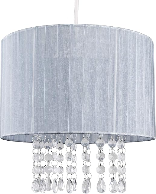 Modern Grey Voile Ribbon Wrapped Pendant Shade with Acrylic Droplets