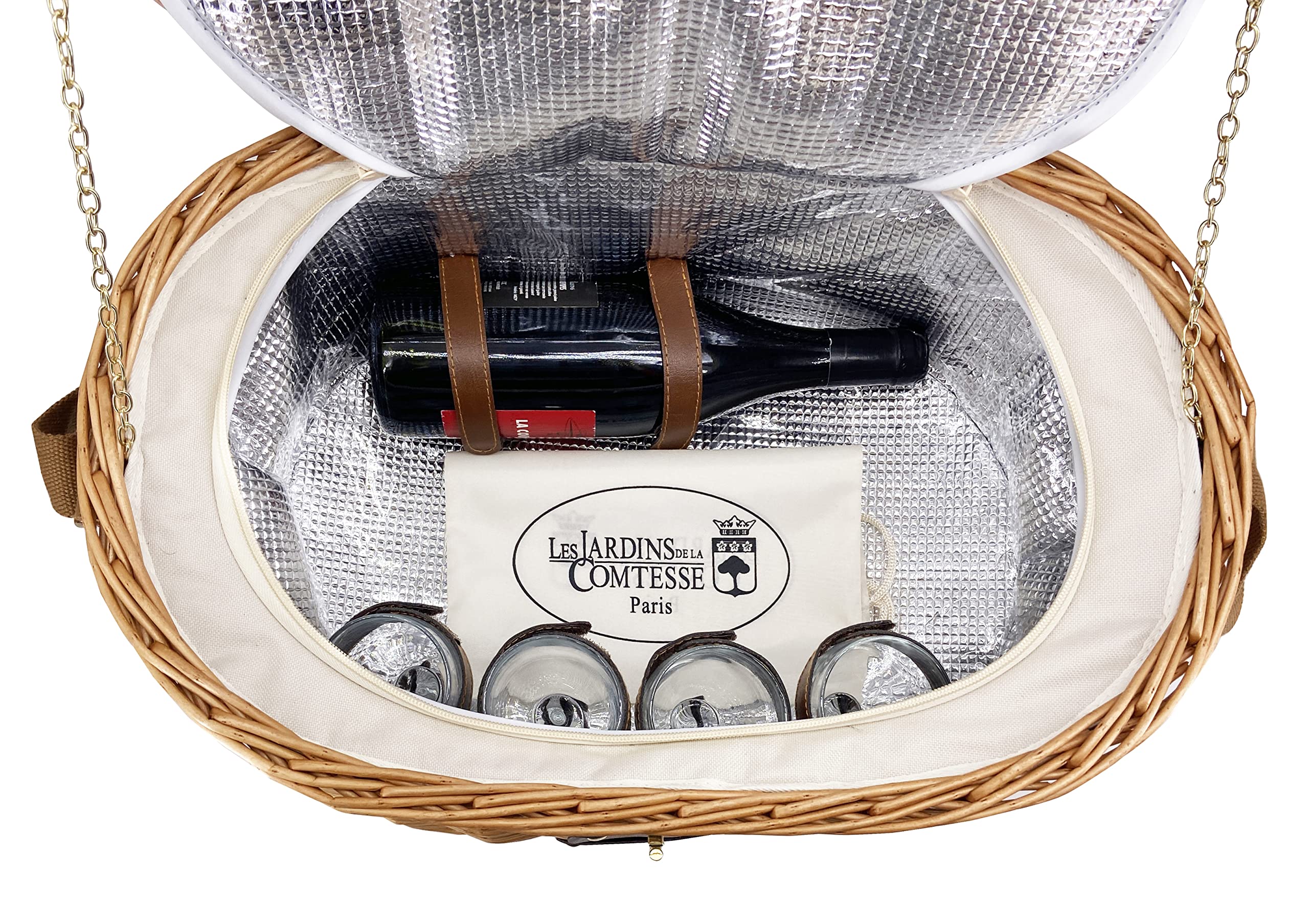 Les Jardins de la Comtesse - Panier Pique-Nique Isotherme Vendôme Naturel - Tressé en Osier pour 4 Personnes - Assiettes Légères/Verres à Vin en Verre/Panier Eco-Responsable - Beige - 47x33x21cm