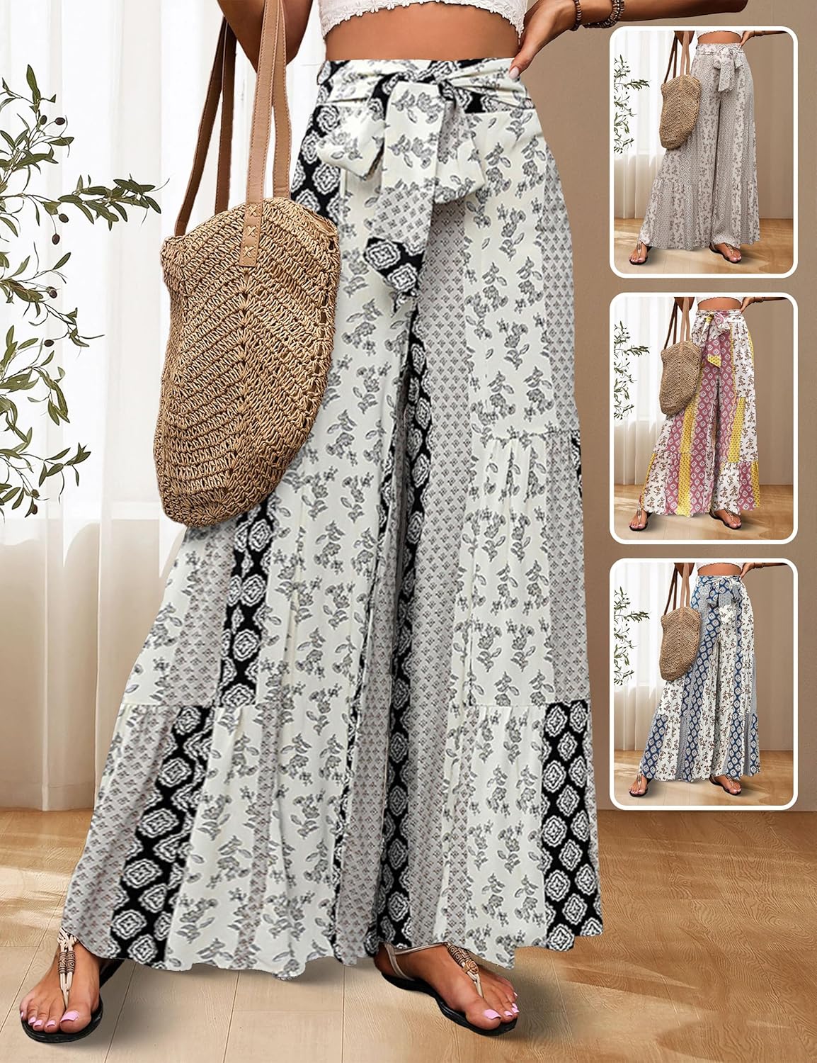 Women Casual High Waist Wide Leg Pants Boho Vacation Printed Loose Flowy Trousers with Pocket - Image 5