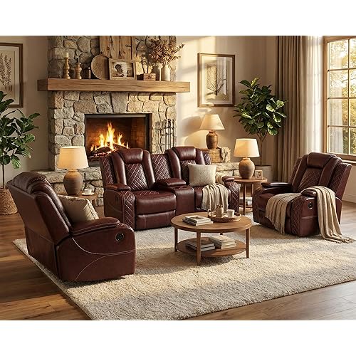 Power Recliner Sofa Set with LED, Breathing Leather Sofa Set for Living Room, Living Room Set Reclining Couch Loveseat Chair with USB Port/Cup Holders/Storage (Garnet, 2+1+1 Set)