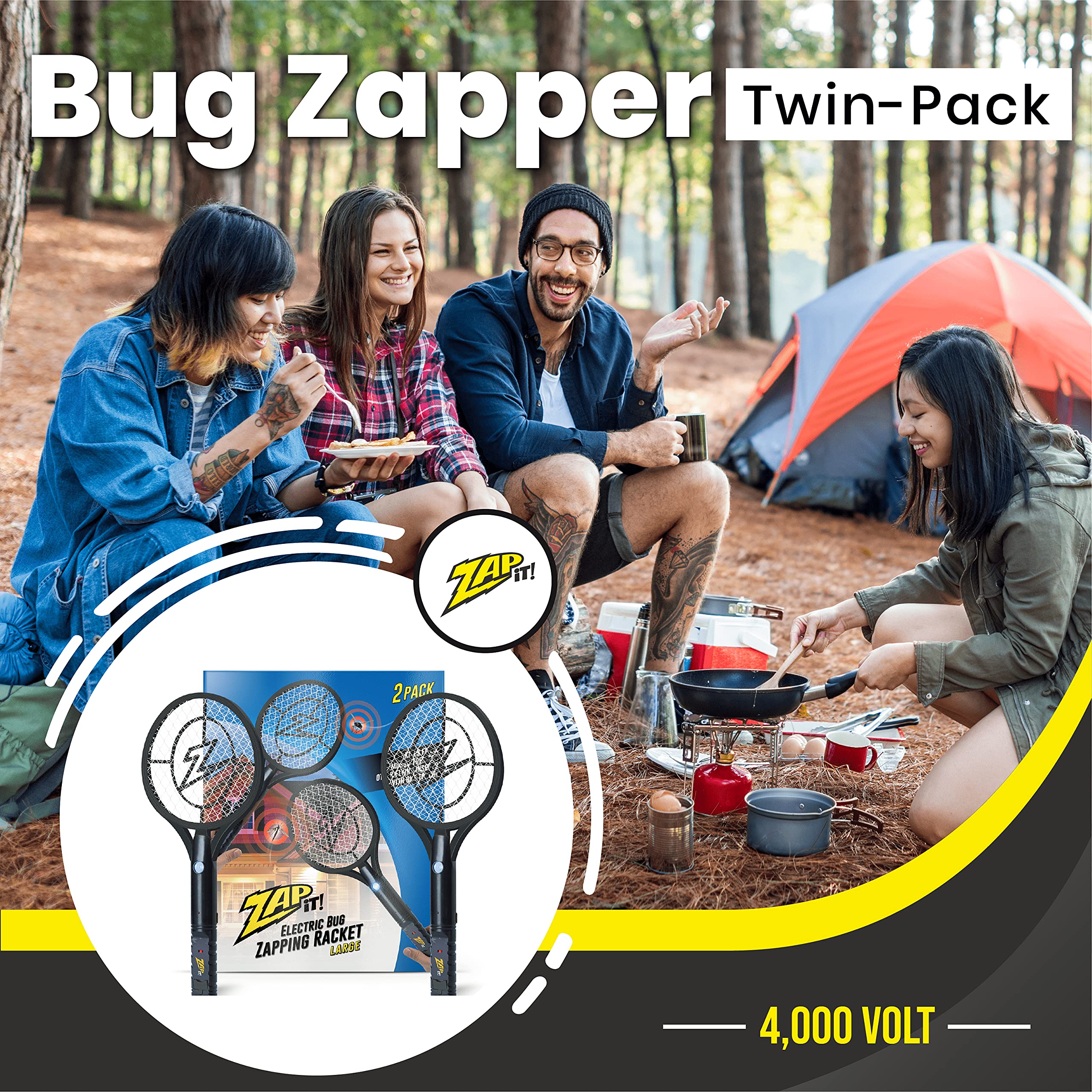 ZAP IT! Bug Zapper - Racchetta per insetti ricaricabile, 4.000 Volt, cavo di ricarica USB, confezione da 2