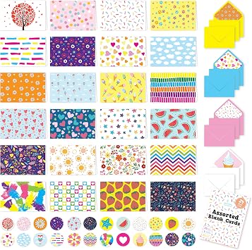 Decorably 24 Pack 6x4in Assorted Blank Cards with Envelopes and Stickers, 24 Unique Colorful Designs for Kids and Adults, Friends & Loved Ones - All Occasions Gifting, Mailing
