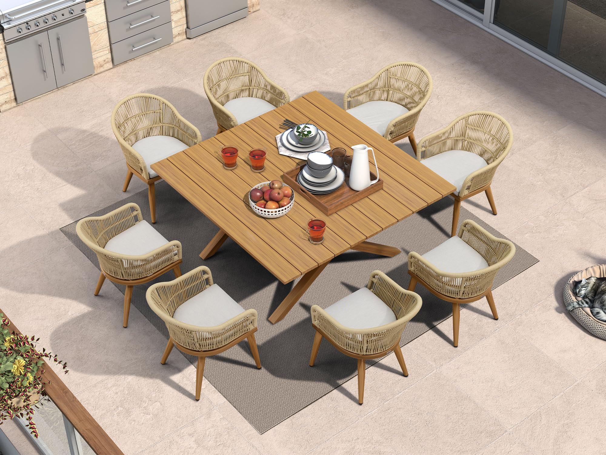 PURPLE LEAF 9 Pieces Patio Dining Set with Square Aluminum Table, Teak