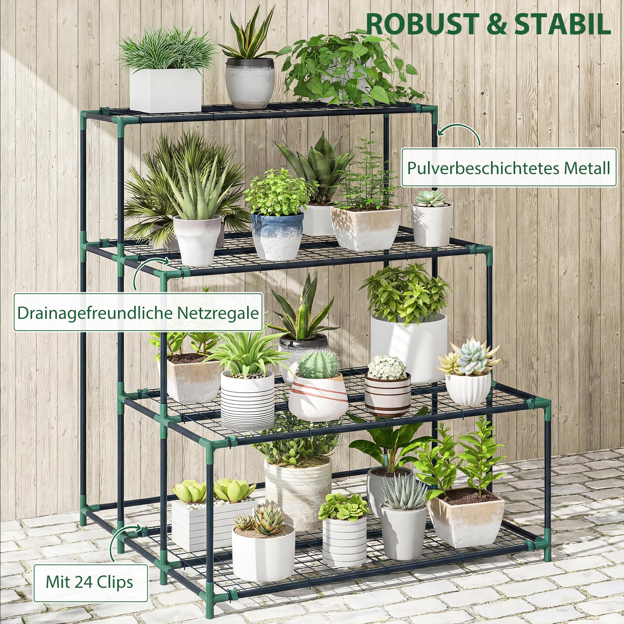 Outsunny 4-Etagen Pflanzenständer, 110 cm hoch Blumenständer mit 24 Clips, Pflanzenregal aus Stahl, mehrstöckig Blumenregal, Blumentreppe Blumentopfständer für Garten Balkon Deko, Dunkelgrün