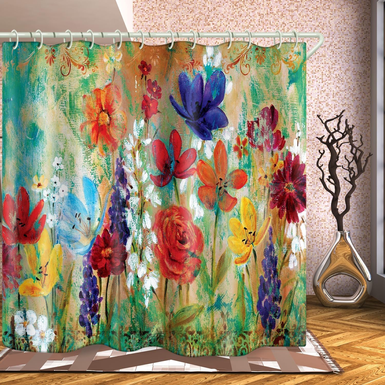 LYFANS Bathroom is Decorated with 3D Colorful Flower Oil Painting Shower Curtain, 12 Shower Curtain Hooks Accessories Bathtub Curtains, and 72x72 Inch Waterproof Shower Curtains