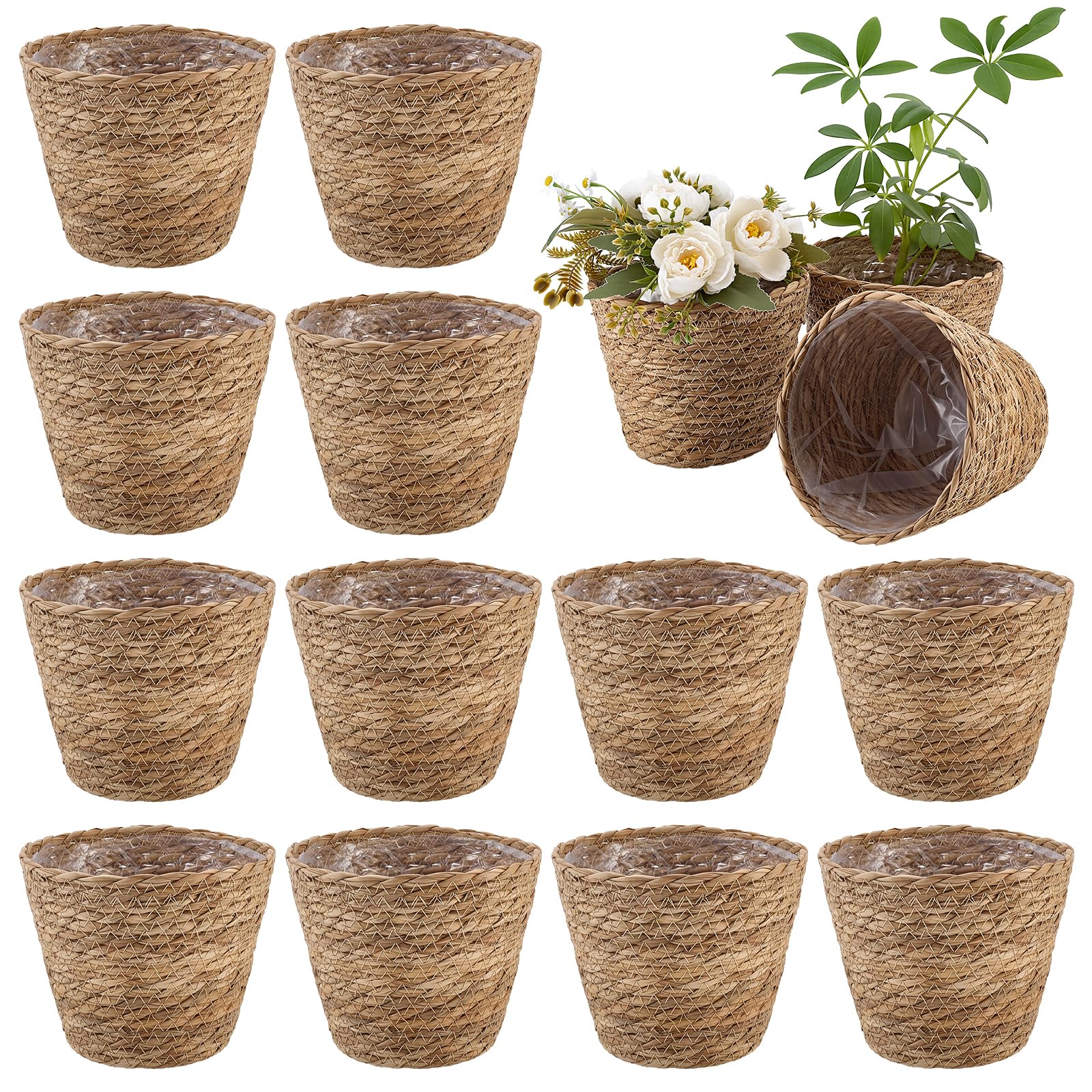 12 Packung Geflochtene Stroh Pflanzen Körbe mit Kunststoff Einsätzen Rattan Handgefertigte Blumen Töpfe Rustikale Boho Korbwaren Blumen Pflanzgefäße Behälter für Innen Außen Pflanzen Zuhause
