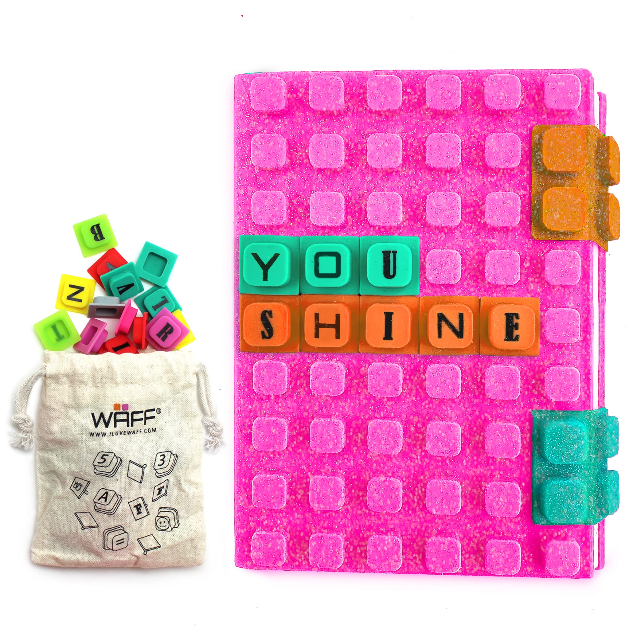 WAFF KG4208CMB Soft, Silicone Covered Glitter Combo Notebook/ Journal, Customize & Personalize with 70 Special Tiles, Medium 5.75" X 4", Pink