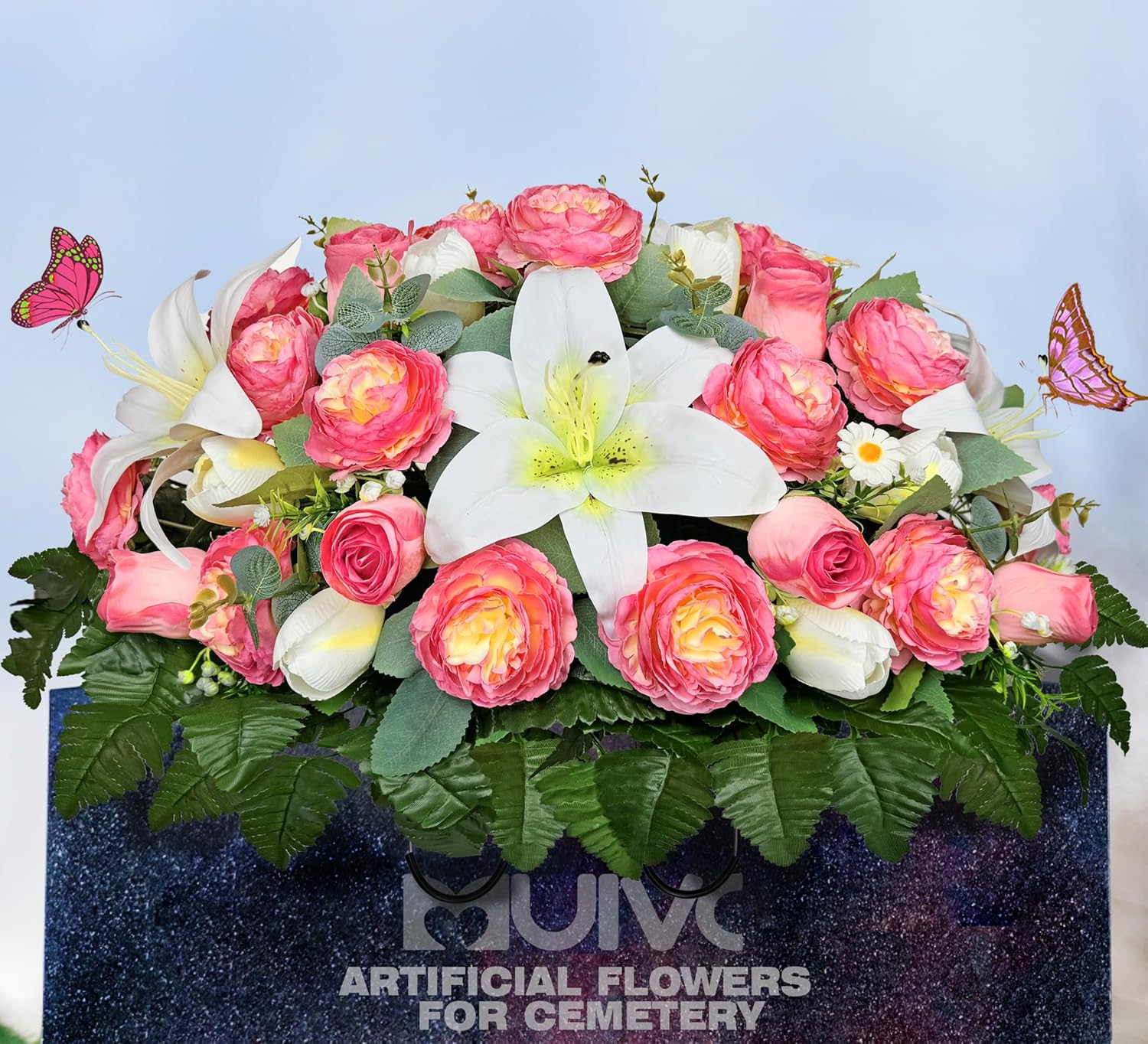 MUVIC Artificial Cemetery Flowers Saddle- Memorial Flowers - Outdoor Grave Decorations,Sympathy Flower - Headstone Flower Saddle with Silk Pink Roses Lily Peony - Image 5