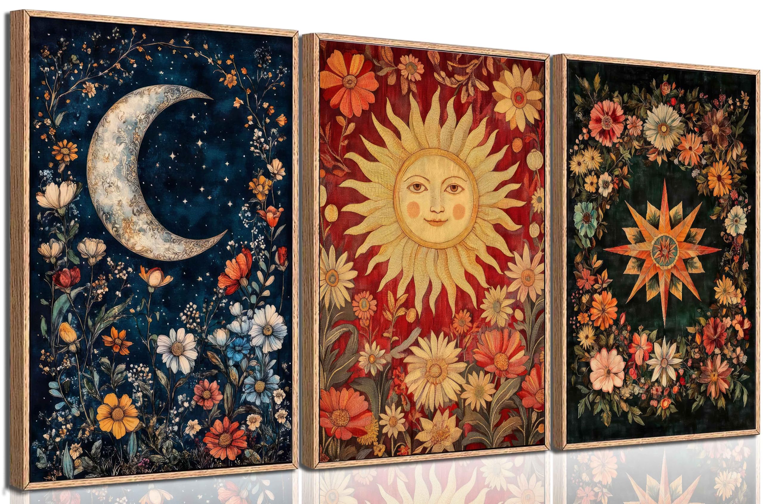 LMYSXAOZ 3Pcs Sun And Moon Celestial Wall Art Tarot painting Decor Pictures Astrology Gothic Wildflowers Star Canvas Posters Prints for Bedroom Office Living Room Home Decoration Unframed 20x30inch