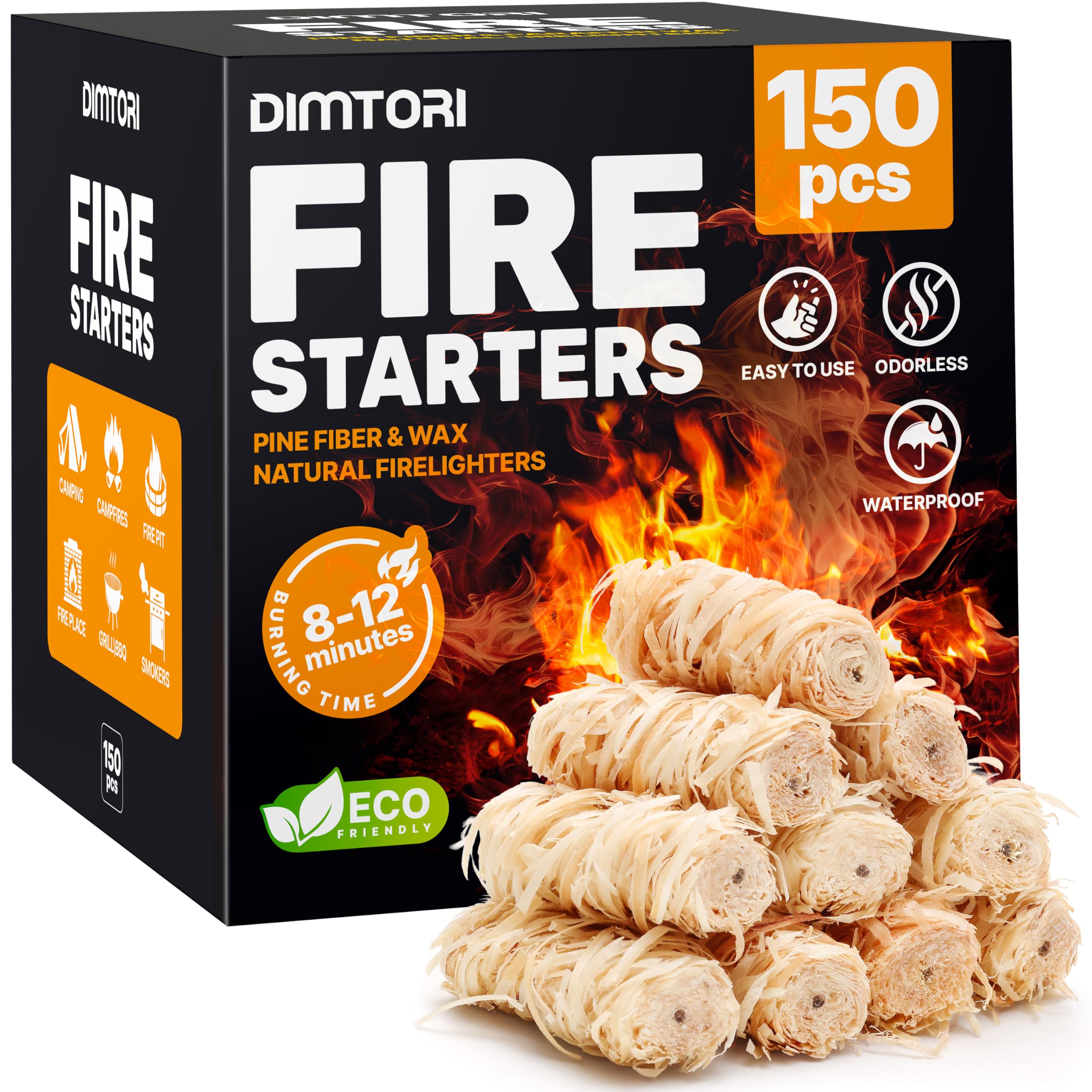 Accendifuoco per interni ed esterni, naturale, ecologico, per griglie, affumicatori, stufe, stufe a legna, impermeabile, 150 pezzi
