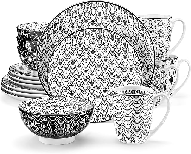 vancasso Haruka Porcelain Dinner Set for 4, Japanese Style Crockery Black White Dinnerware Tableware , 16 Pieces Dinner Service with Dinner Plates, Dessert Plates, Cereal Bowls and Mug