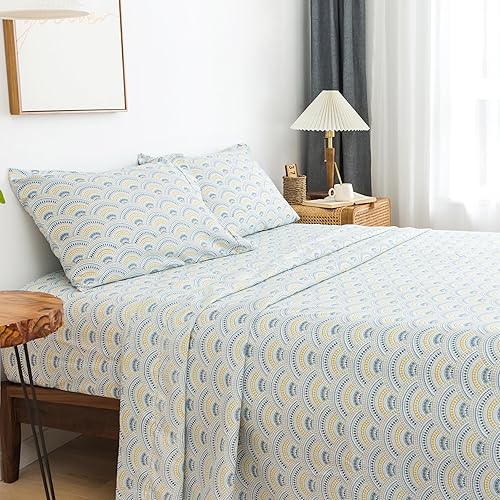 KACEMOO Juego de sábanas tamaño matrimonial de 4 piezas con estampado floral azul bohemio, sábanas de lujo refrescantes de 17 pulgadas de
