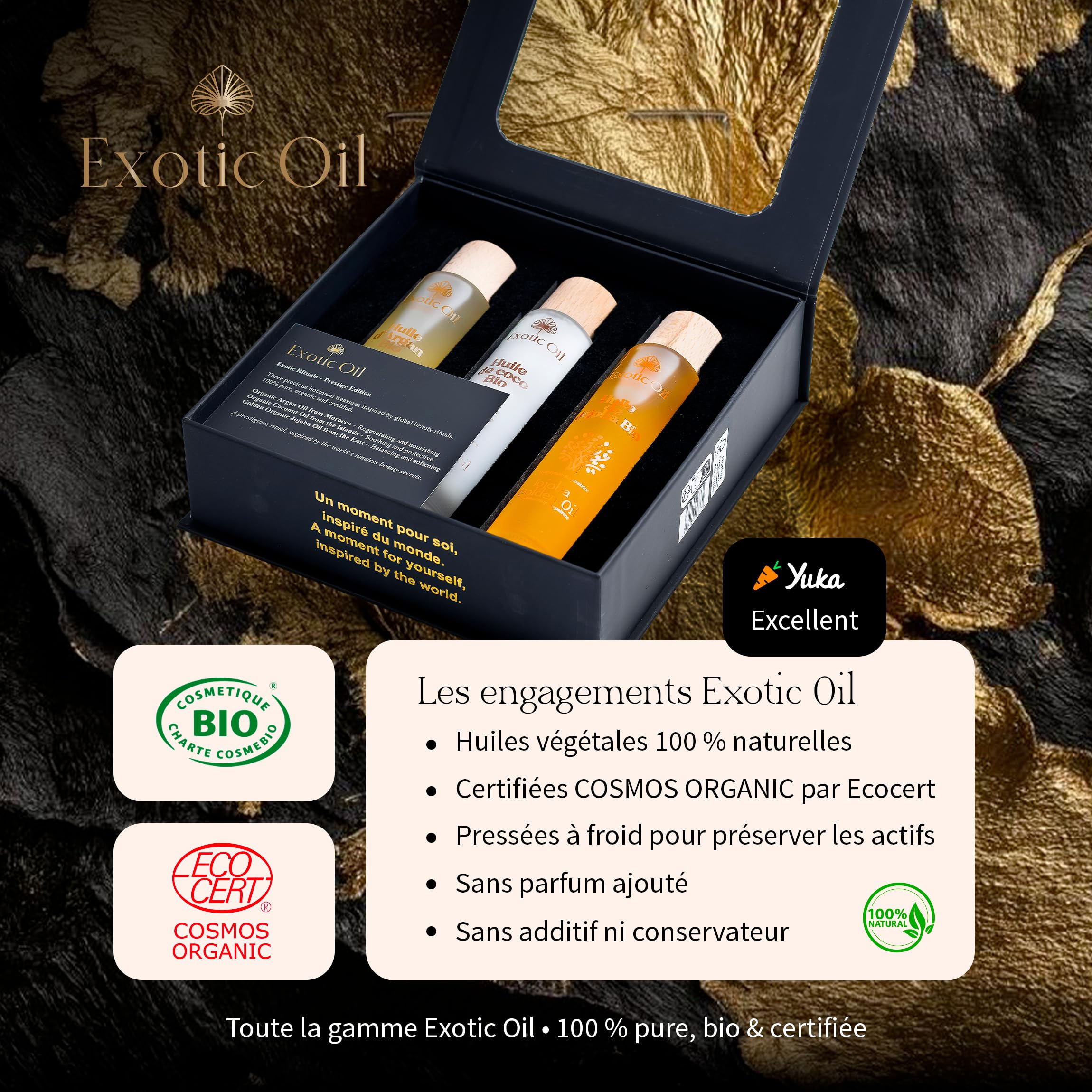 Coffret Cadeau Femme Bio – 3 Huiles Végétales Certifiées COSMOS ORGANIC – Argan, Coco, Jojoba Golden – Soin Visage Corps Cheveux – Pressées à Froid – 3 x 50 ml