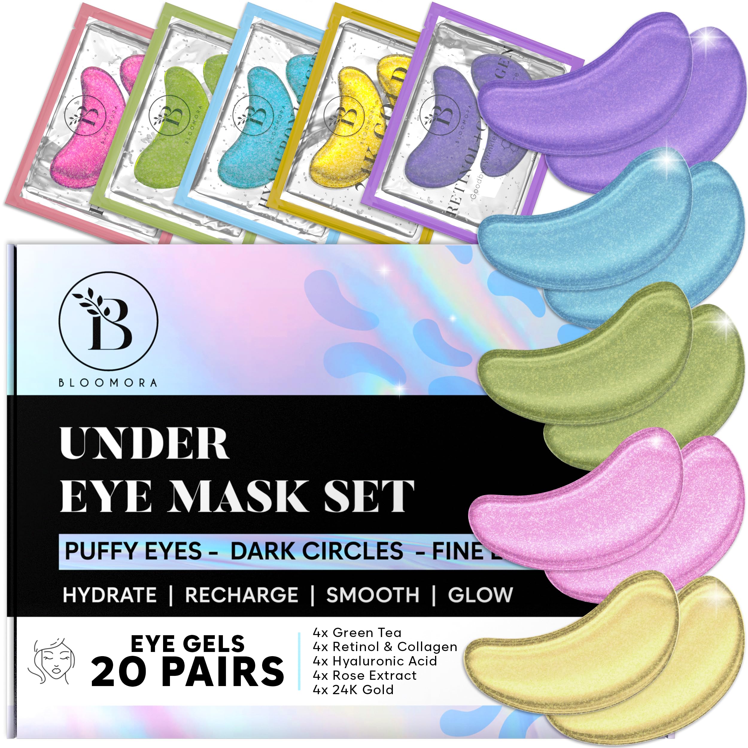 BLOOMORA Gemischte Augenpads (20 Paare) - Eye Pads mit Niacinamid & Hyaluron - Augenpads Gegen Augenringe - Augenringe Entfernen - Eye Patches